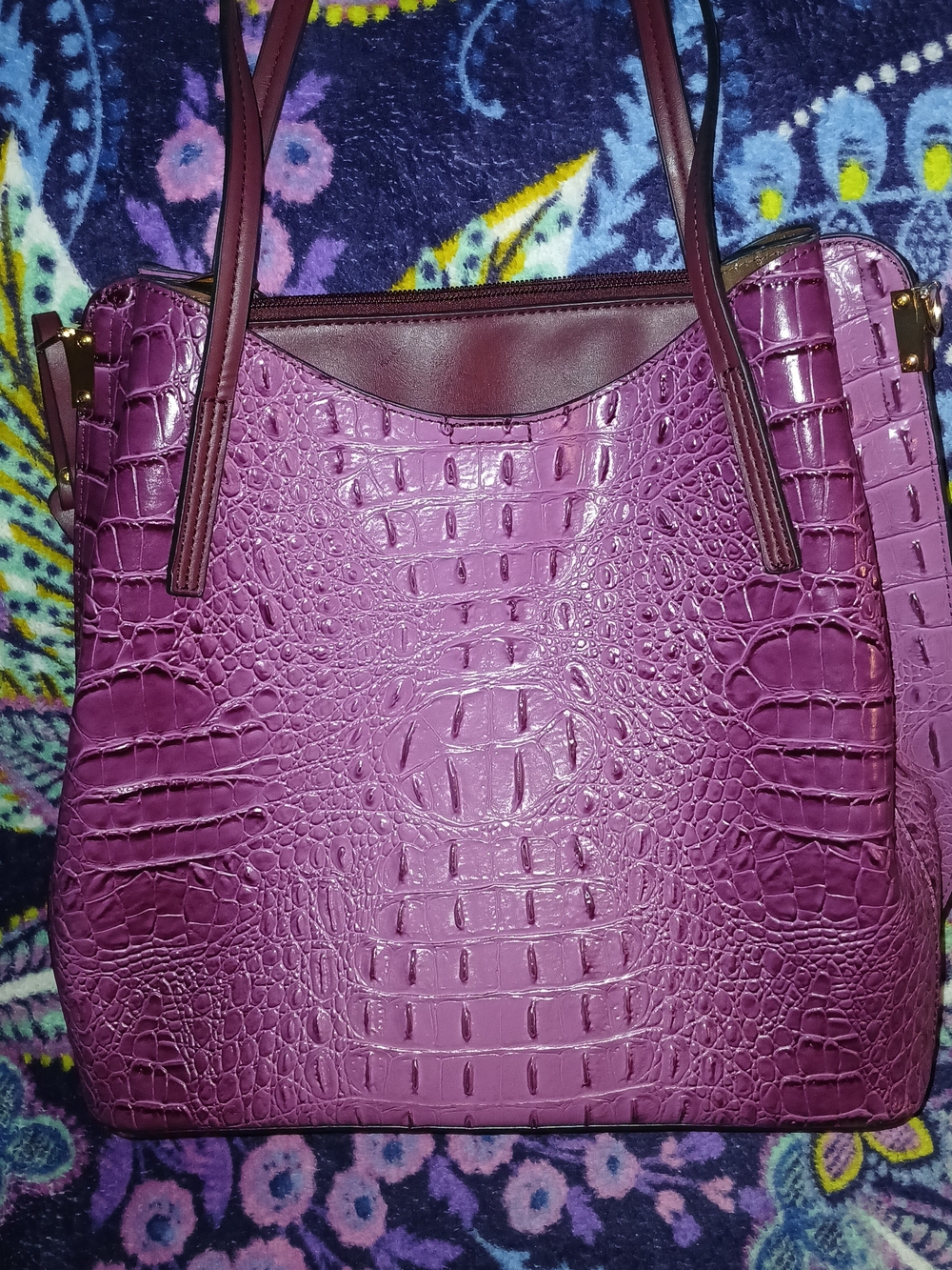 Croc-Embossed Plum Tote Bag with Leather Trim